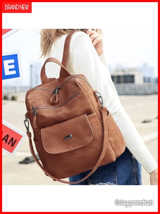 Faux Leather Women\'s Convertible Backpack Purse, Waterproof, 8 Pockets
